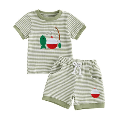 Cotton Striped Fishing Rod Tee & Shorts Set Green