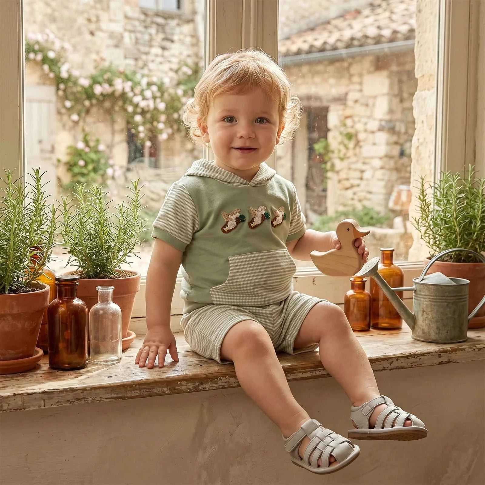 Cotton Striped Hooded Tee & Shorts Set With Duck Embroidery
