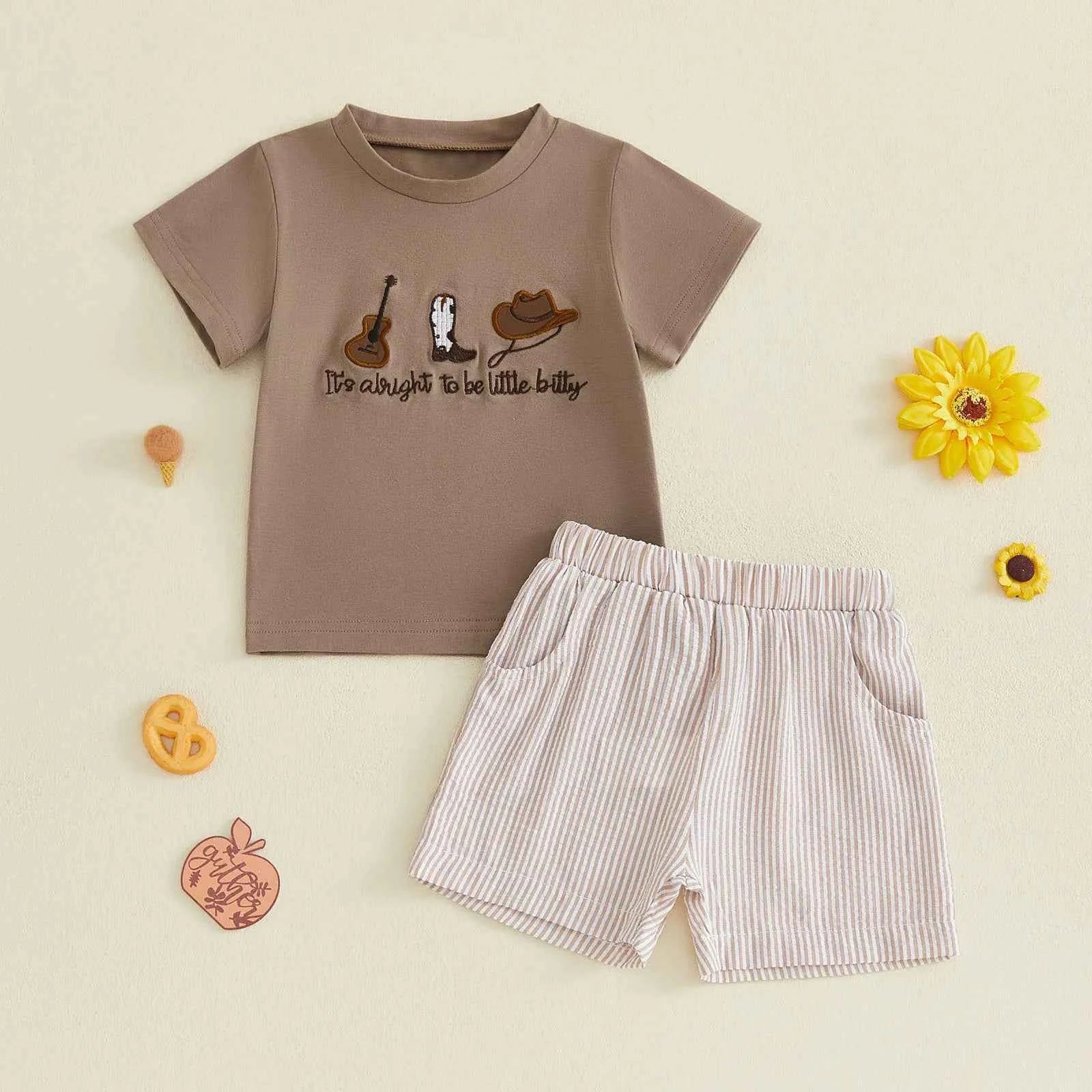 Cotton Brown Embroidered T-shirt & Striped Elastic Waist Shorts Set