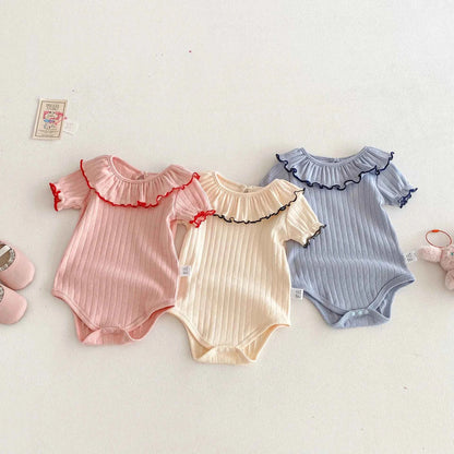 100% Cotton Ribbed Ruffle Collar Bodysuit Set Pink Cream Blue