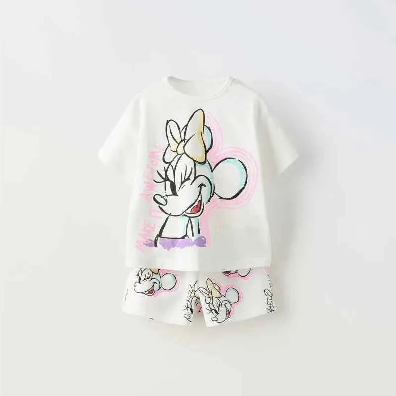 Cotton Minnie Mouse & Chipmunks Heart Print Tee & Shorts Set