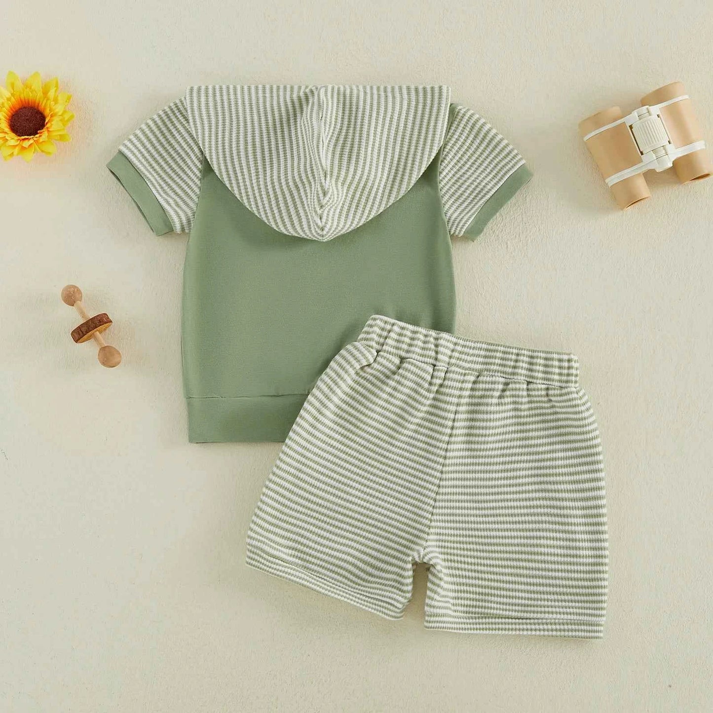 Cotton Striped Hooded Tee & Shorts Set With Duck Embroidery