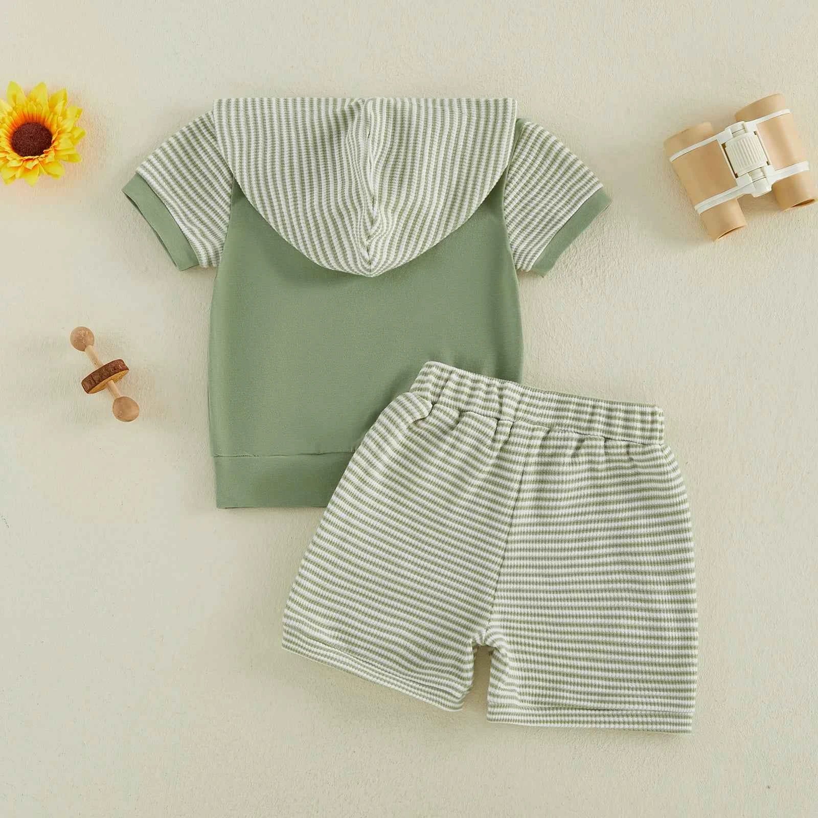 Cotton Striped Hooded Tee & Shorts Set With Duck Embroidery
