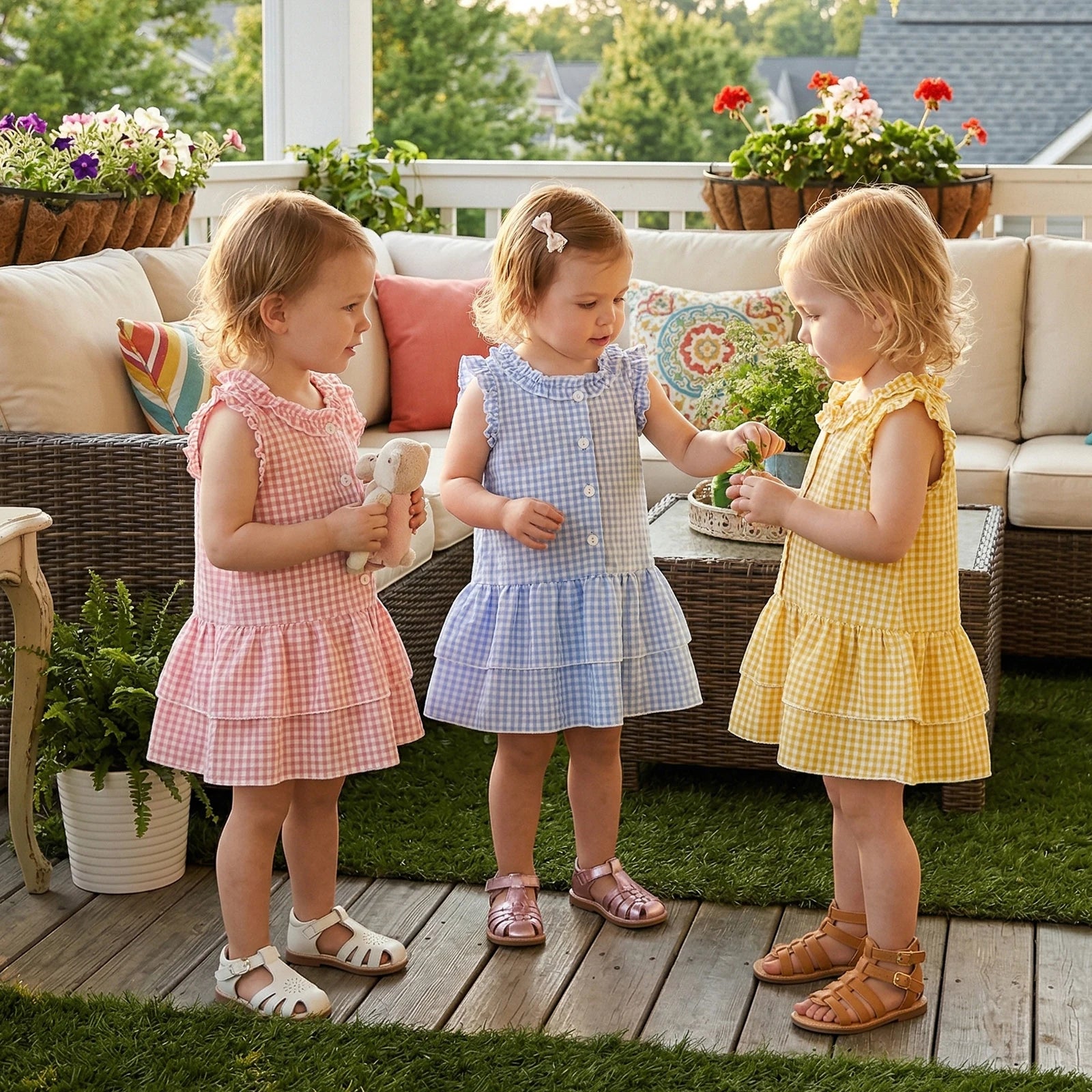 Gingham Ruffle Sleeve Button Tiered Dress
