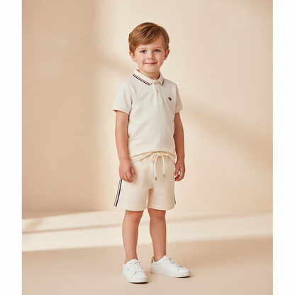 Cotton Cream Polo Shirt & Drawstring Shorts Set