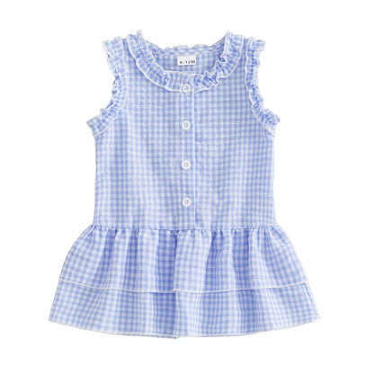 Gingham Ruffle Sleeve Button Tiered Dress