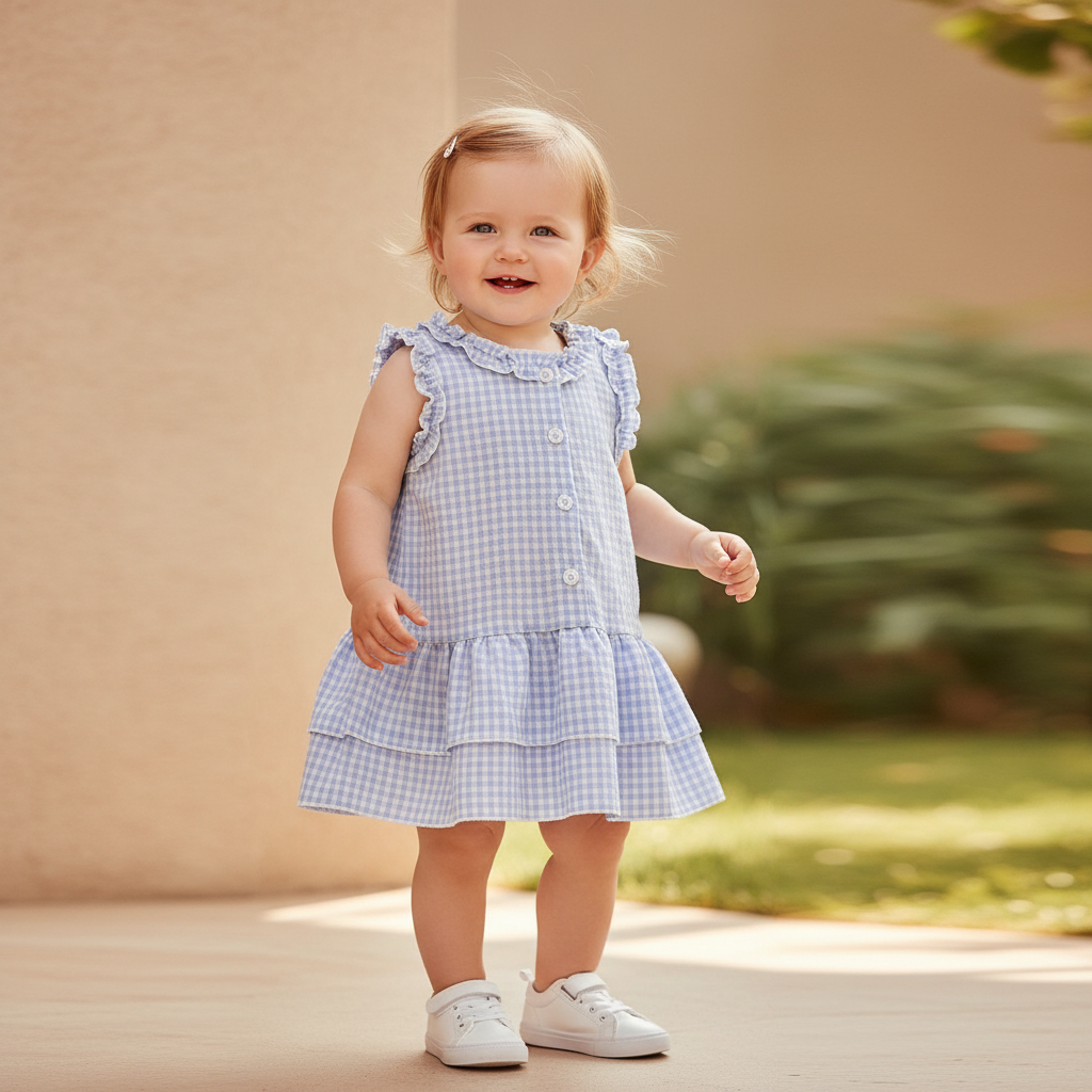 Gingham Ruffle Sleeve Button Tiered Dress