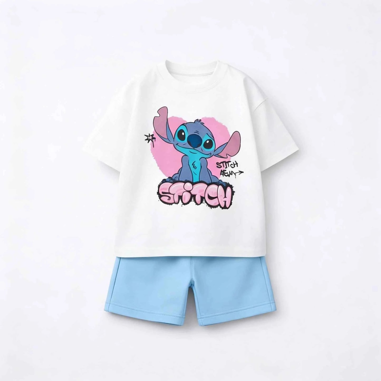 Cotton Stitch Summer Tee & Shorts Set With Cartoon Print
