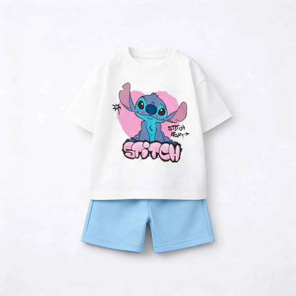 Cotton Stitch Summer Tee & Shorts Set With Cartoon Print