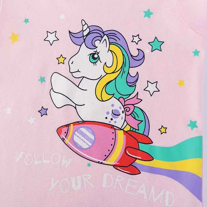 100% Cotton Unicorn Rocket Tee, Rainbow Striped Ruffle Sleeve Top & Shorts 3-Pack Set