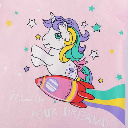 100% Cotton Unicorn Rocket Tee, Rainbow Striped Ruffle Sleeve Top & Shorts 3-Pack Set