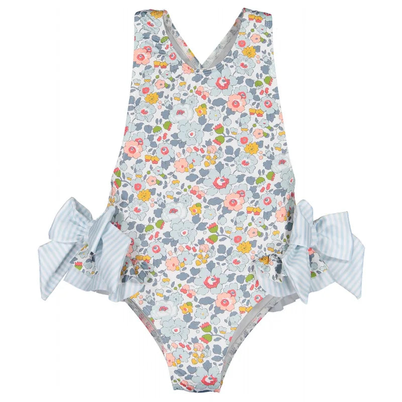 Floral Ruffle Swimsuits With Striped Bow & Sleeve Detail
