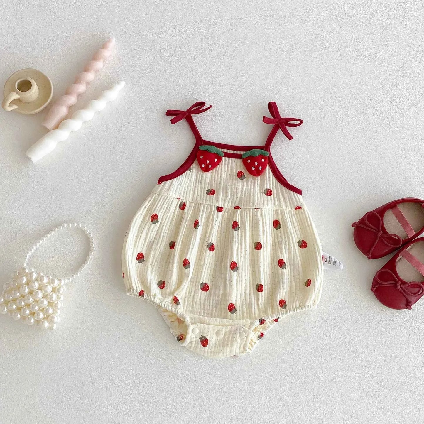 Cotton Strawberry Print Cotton Romper With Bow Straps