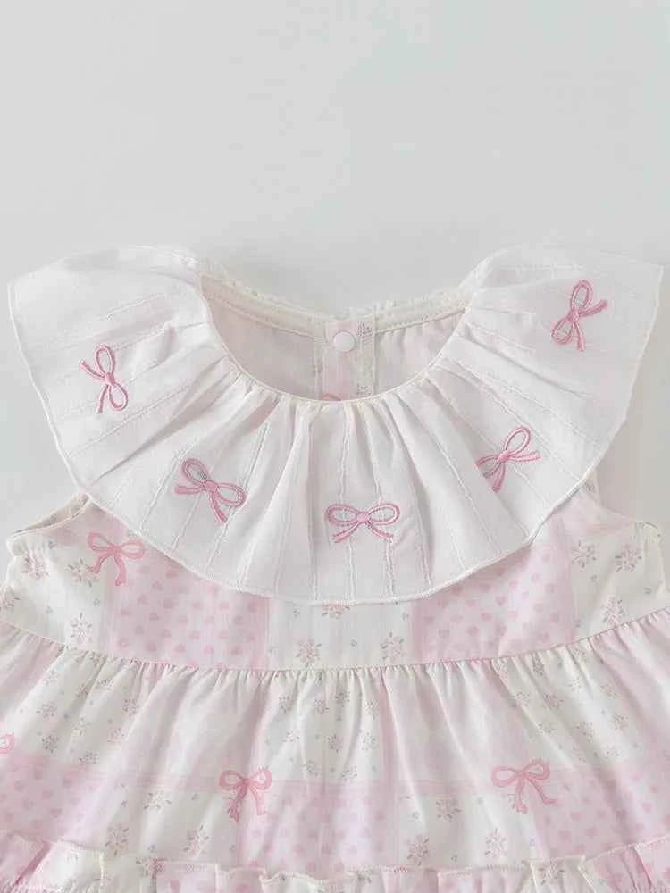 100% Cotton Pink Bow Ruffled Collar Dress