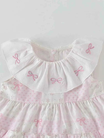 100% Cotton Pink Bow Ruffled Collar Dress