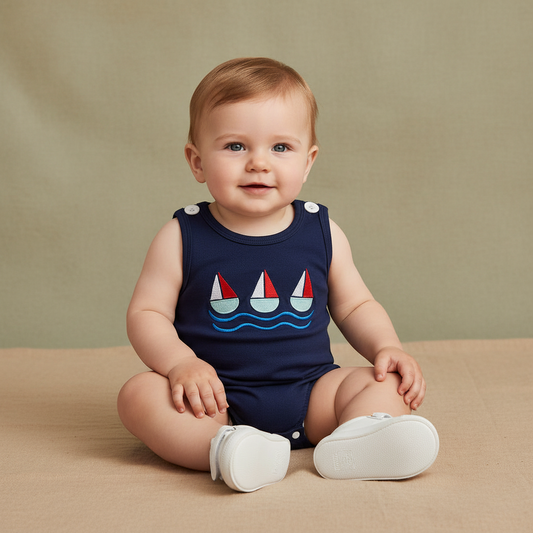 Cotton Navy Sailboat Embroidered Romper
