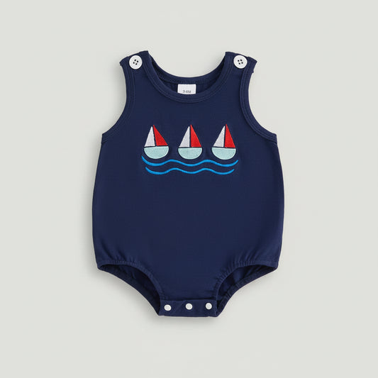Cotton Navy Sailboat Embroidered Romper