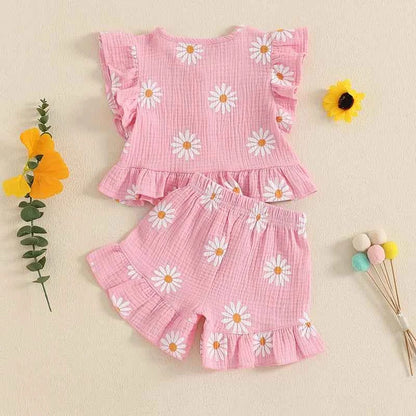 Cotton Floral Print Ruffle Sleeve Top & Bow Shorts Set