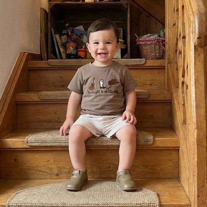 Cotton Brown Embroidered T-shirt & Striped Elastic Waist Shorts Set