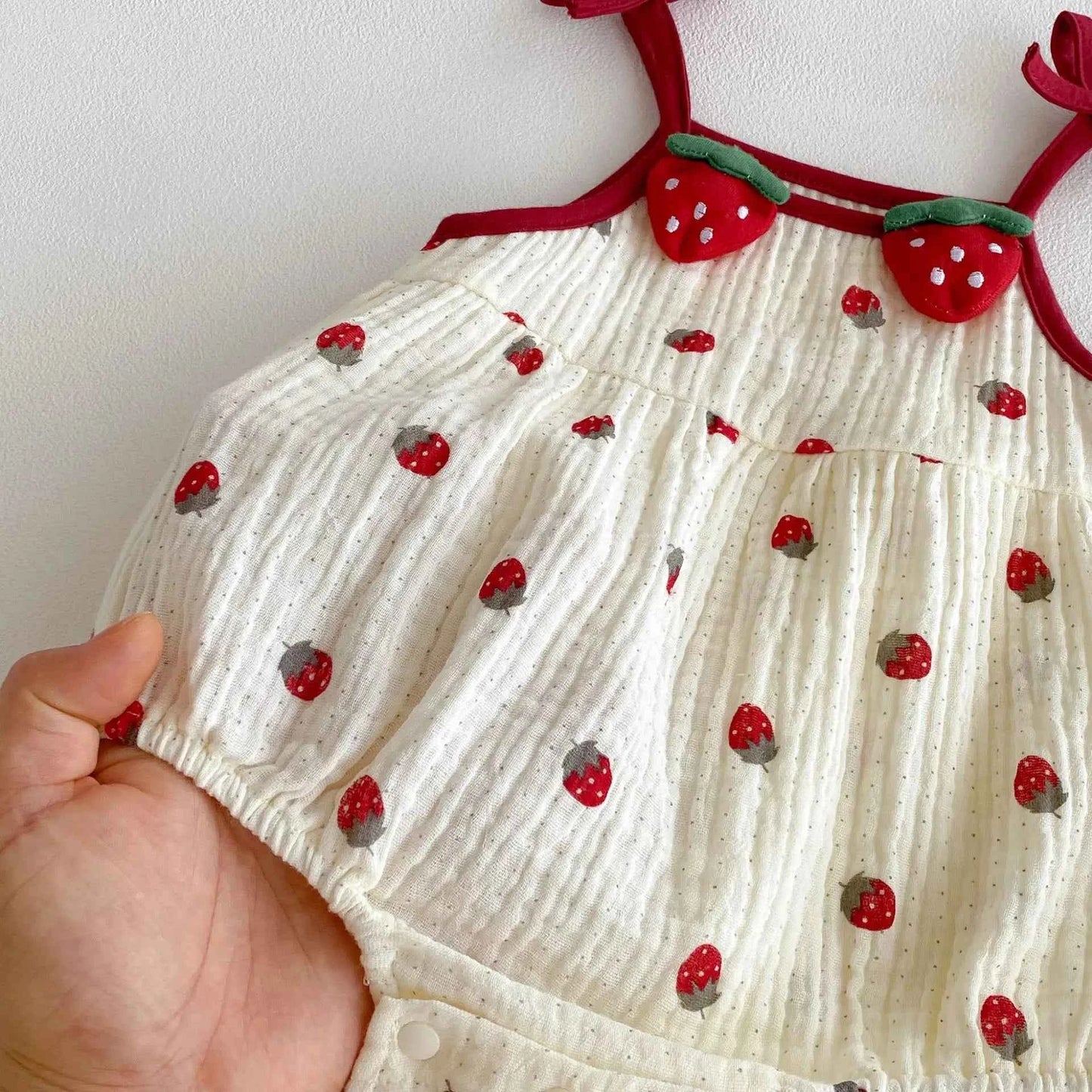 Cotton Strawberry Print Cotton Romper With Bow Straps