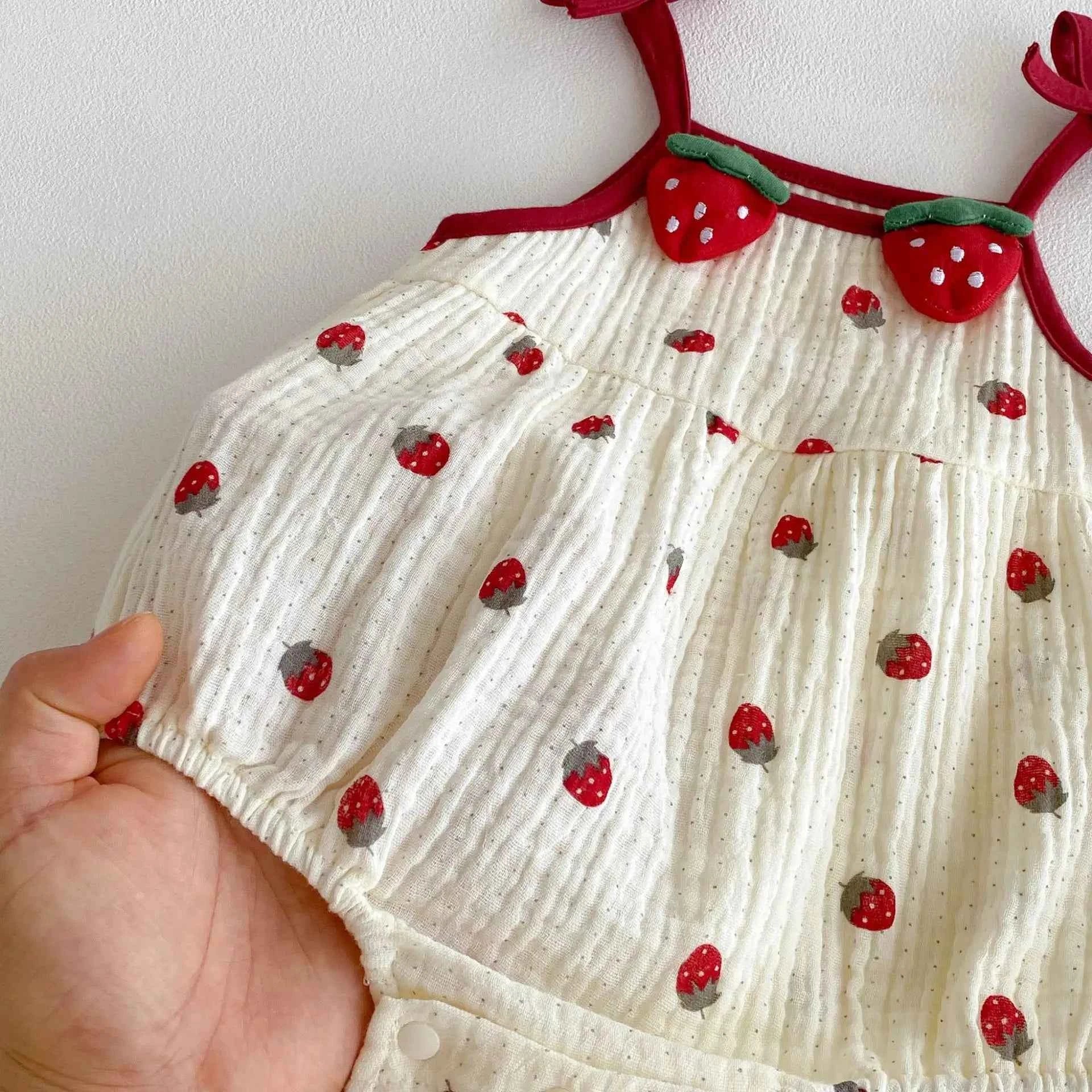 Cotton Strawberry Print Cotton Romper With Bow Straps