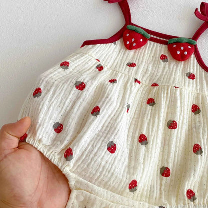 Cotton Strawberry Print Cotton Romper With Bow Straps