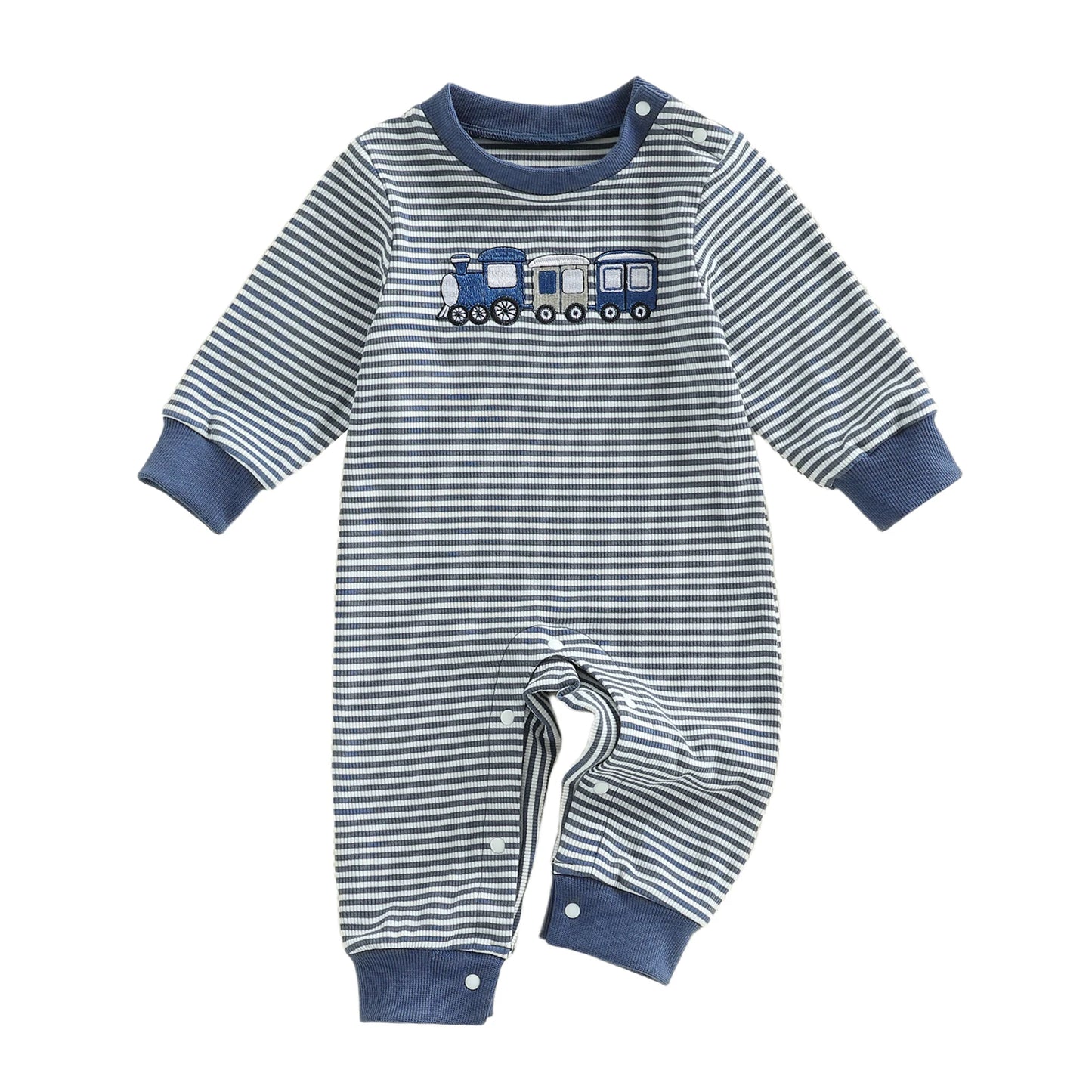 Cotton Striped Train Applique Romper With Snap Closures