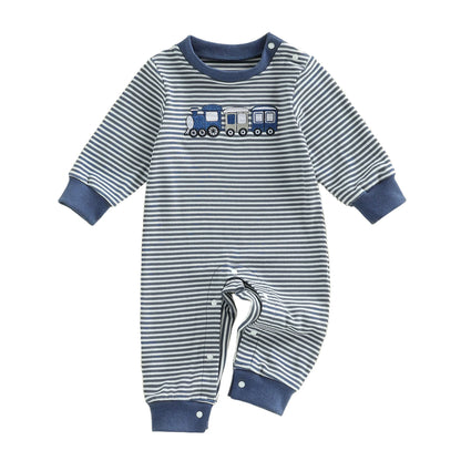 Cotton Striped Train Applique Romper With Snap Closures