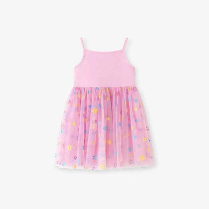 100% Cotton Pink Floral Tulle Dress With Bunny Applique Straps