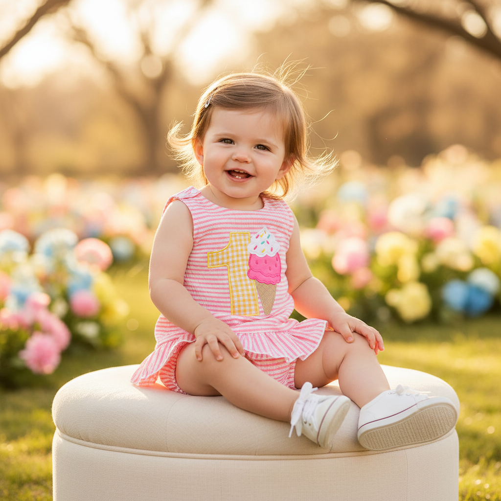 Pink Stripe Ice Cream Number One Top & Ruffled Bloomer Set