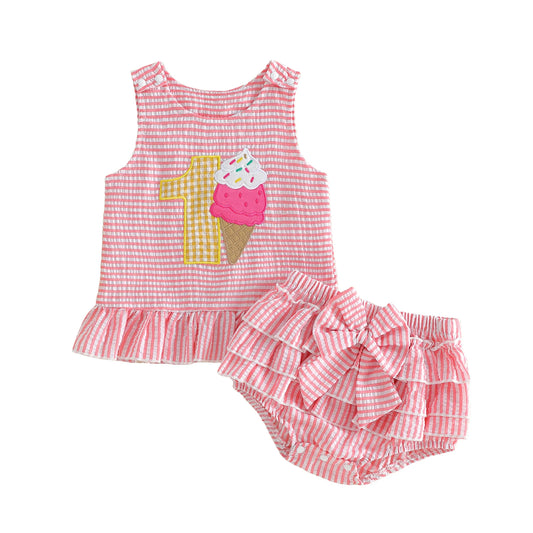 Pink Stripe Ice Cream Number One Top & Ruffled Bloomer Set