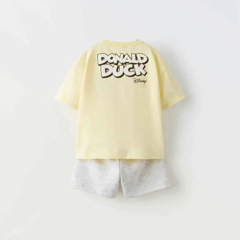 Cotton Donald Duck Yellow Tee & Grey/Black Shorts Set