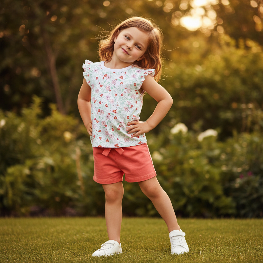 100% Cotton Floral Print Ruffle Sleeve Top & Coral Tie Waist Shorts