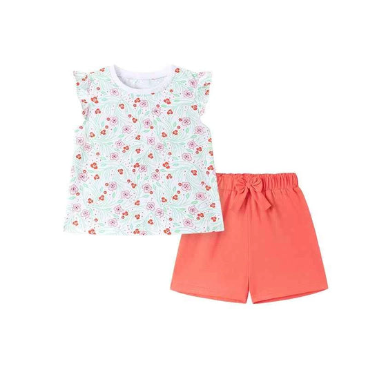 100% Cotton Floral Print Ruffle Sleeve Top & Coral Tie Waist Shorts