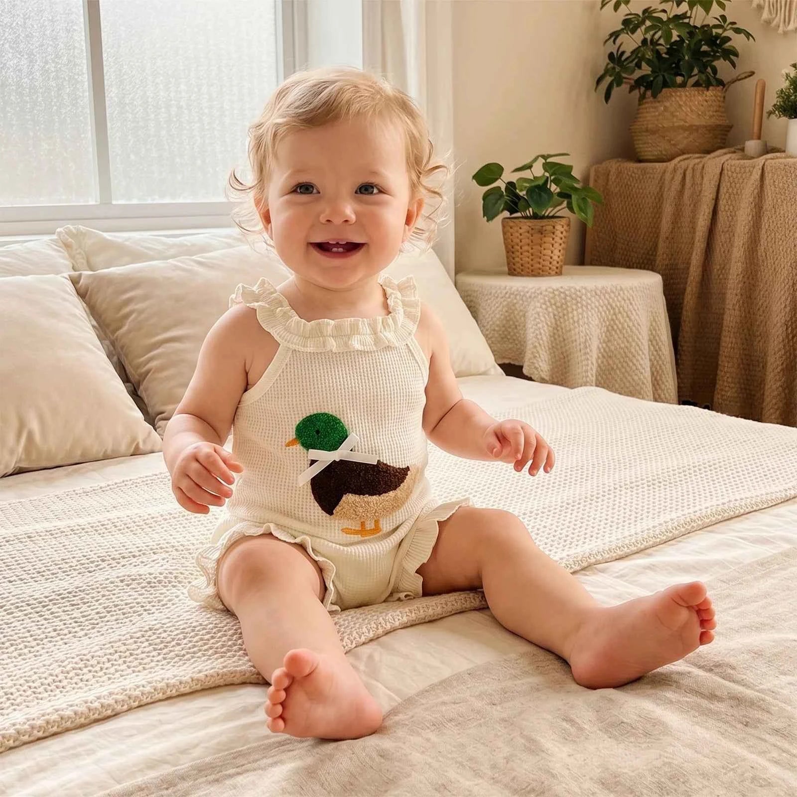 Cotton White Ruffle Duck Applique Romper With Shorts Set