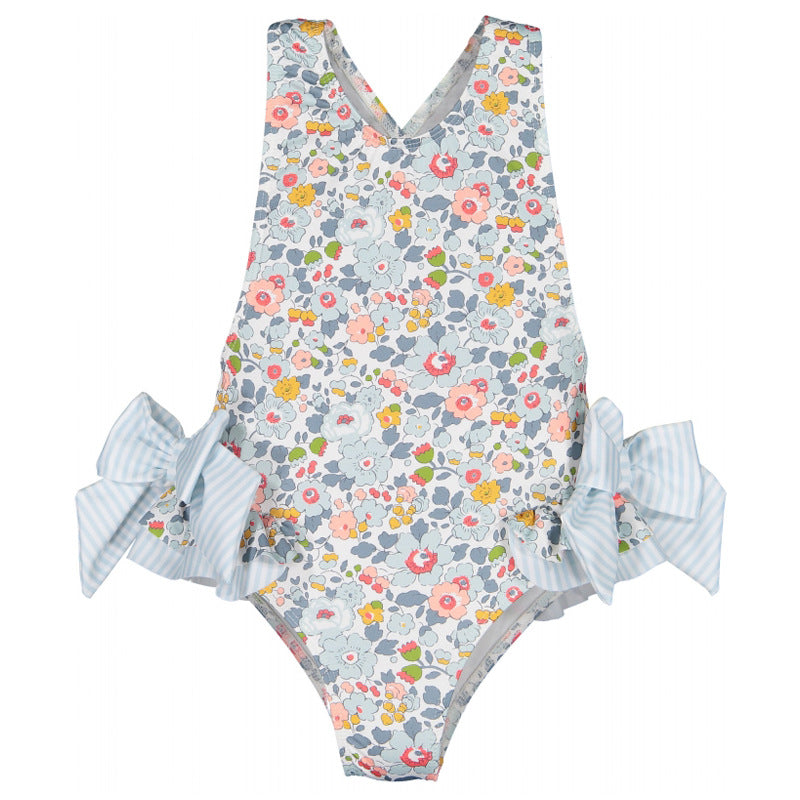 Floral Ruffle Swimsuits With Striped Bow & Sleeve Detail