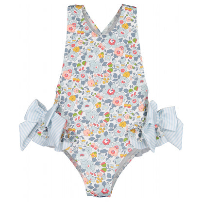 Floral Ruffle Swimsuits With Striped Bow & Sleeve Detail