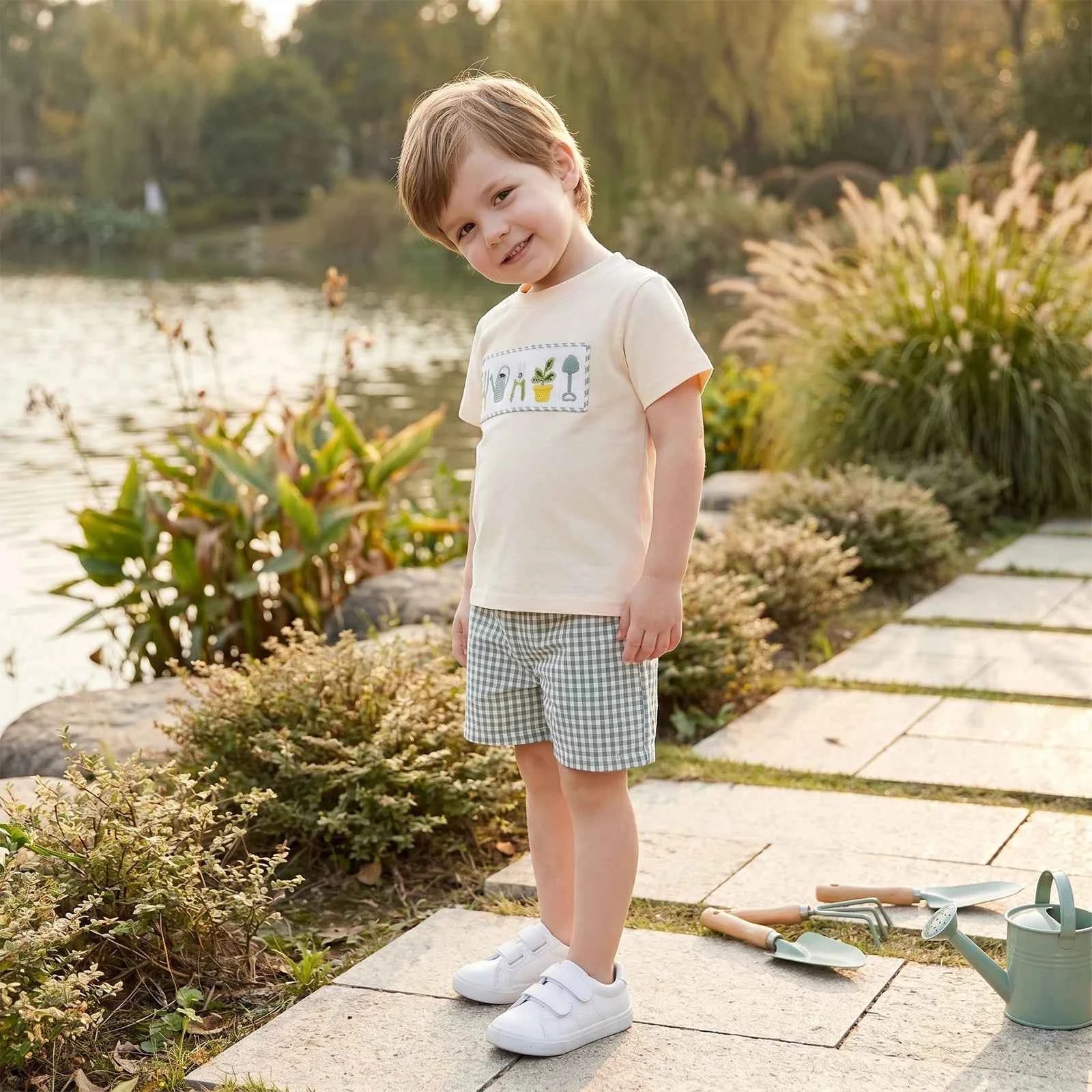 Cotton Garden Tools Embroidered Tee & Green Gingham Shorts Set