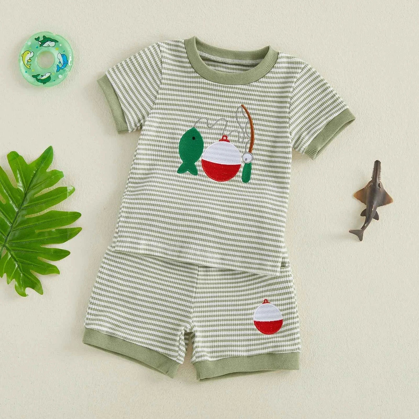 Cotton Striped Fishing Rod Tee & Shorts Set Green
