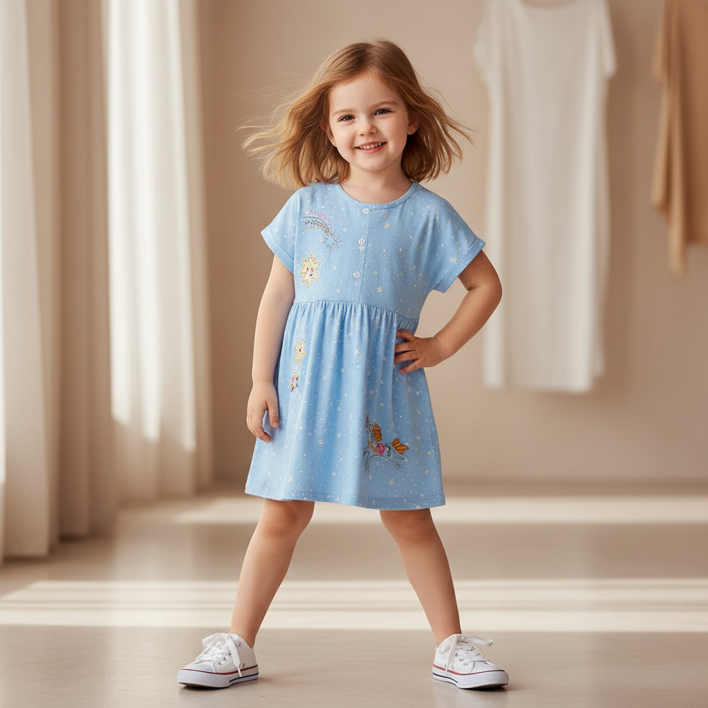 100% Cotton Blue Star Print Dress With Unicorn & Shooting Star