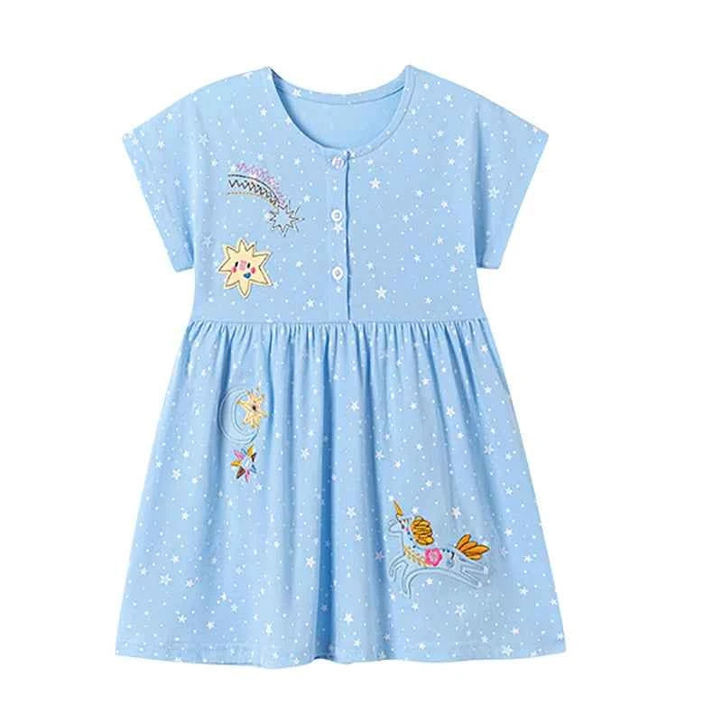 100% Cotton Blue Star Print Dress With Unicorn & Shooting Star