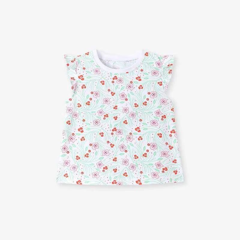 100% Cotton Floral Print Ruffle Sleeve Top & Coral Tie Waist Shorts