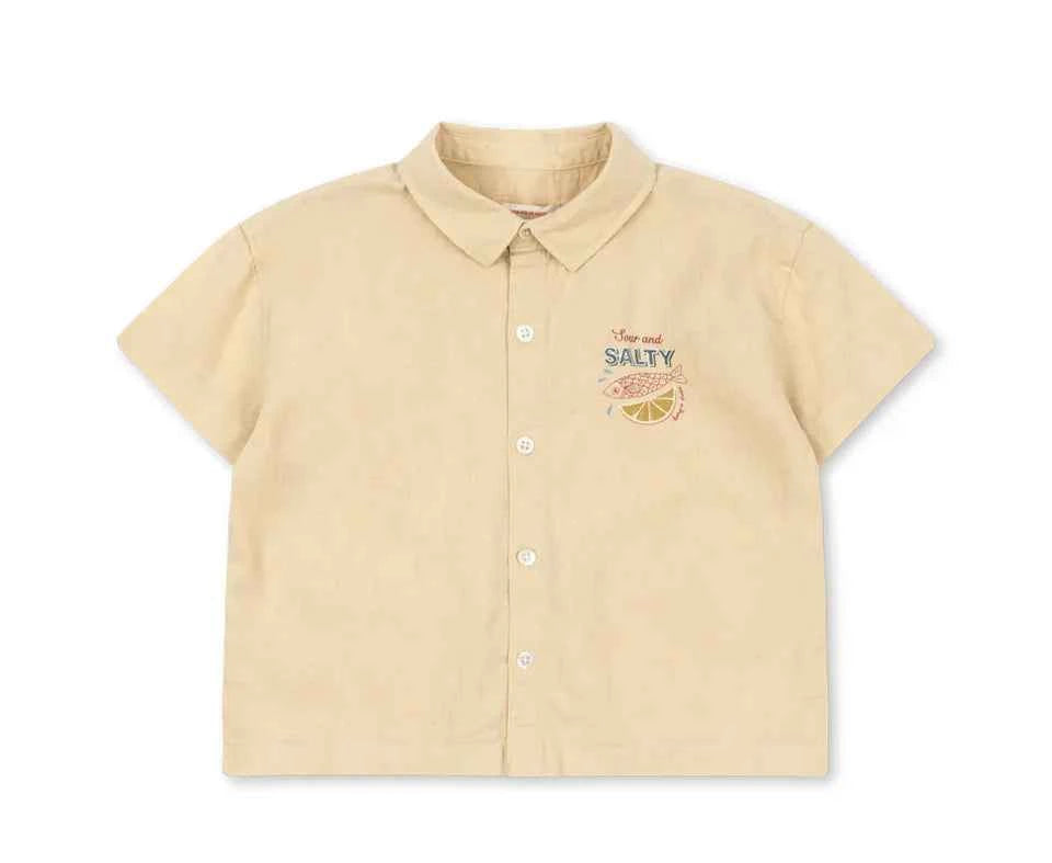 Cotton Beige Linen Shirt & Elastic Waist Shorts Set