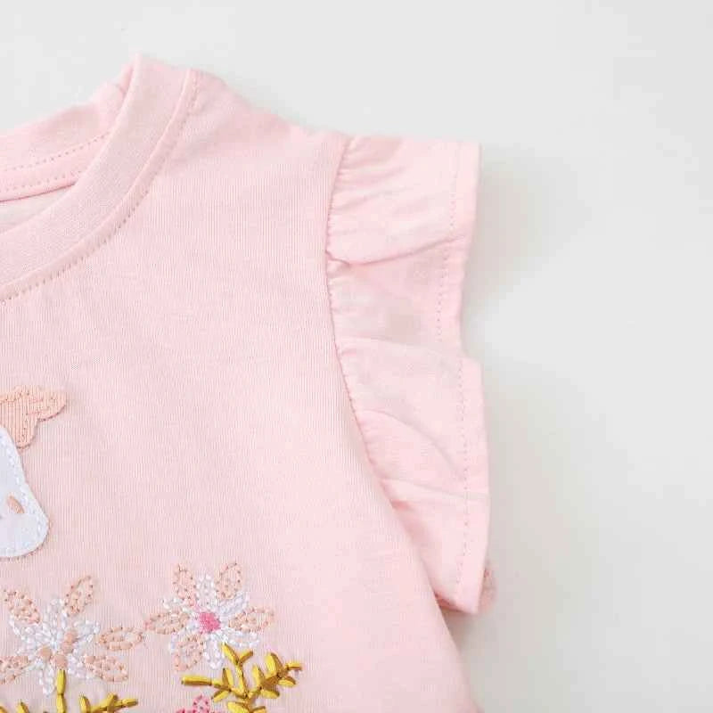 100% Cotton Pink Floral Tulle Dress With Embroidered Horse Applique