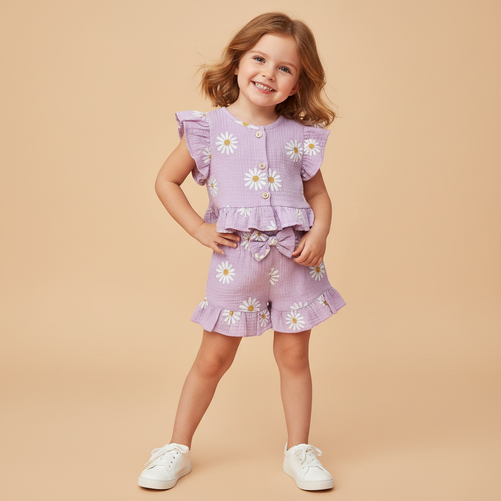 Cotton Floral Print Ruffle Sleeve Top & Bow Shorts Set