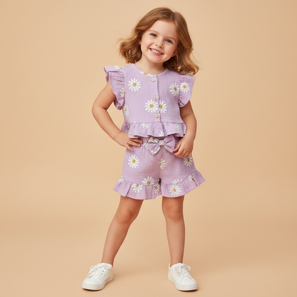 Cotton Floral Print Ruffle Sleeve Top & Bow Shorts Set