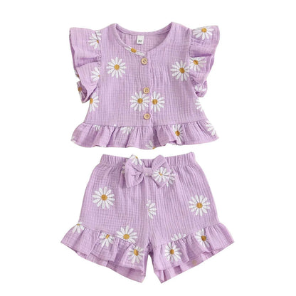 Cotton Floral Print Ruffle Sleeve Top & Bow Shorts Set