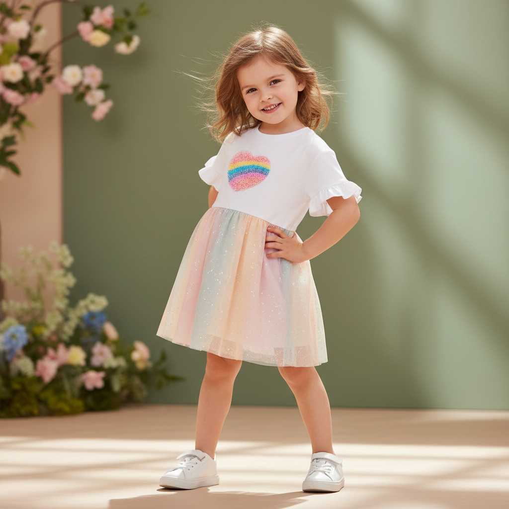 100% Cotton Rainbow Heart Tulle Dress With Ruffle Sleeves