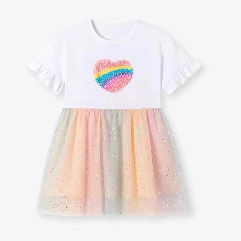 100% Cotton Rainbow Heart Tulle Dress With Ruffle Sleeves