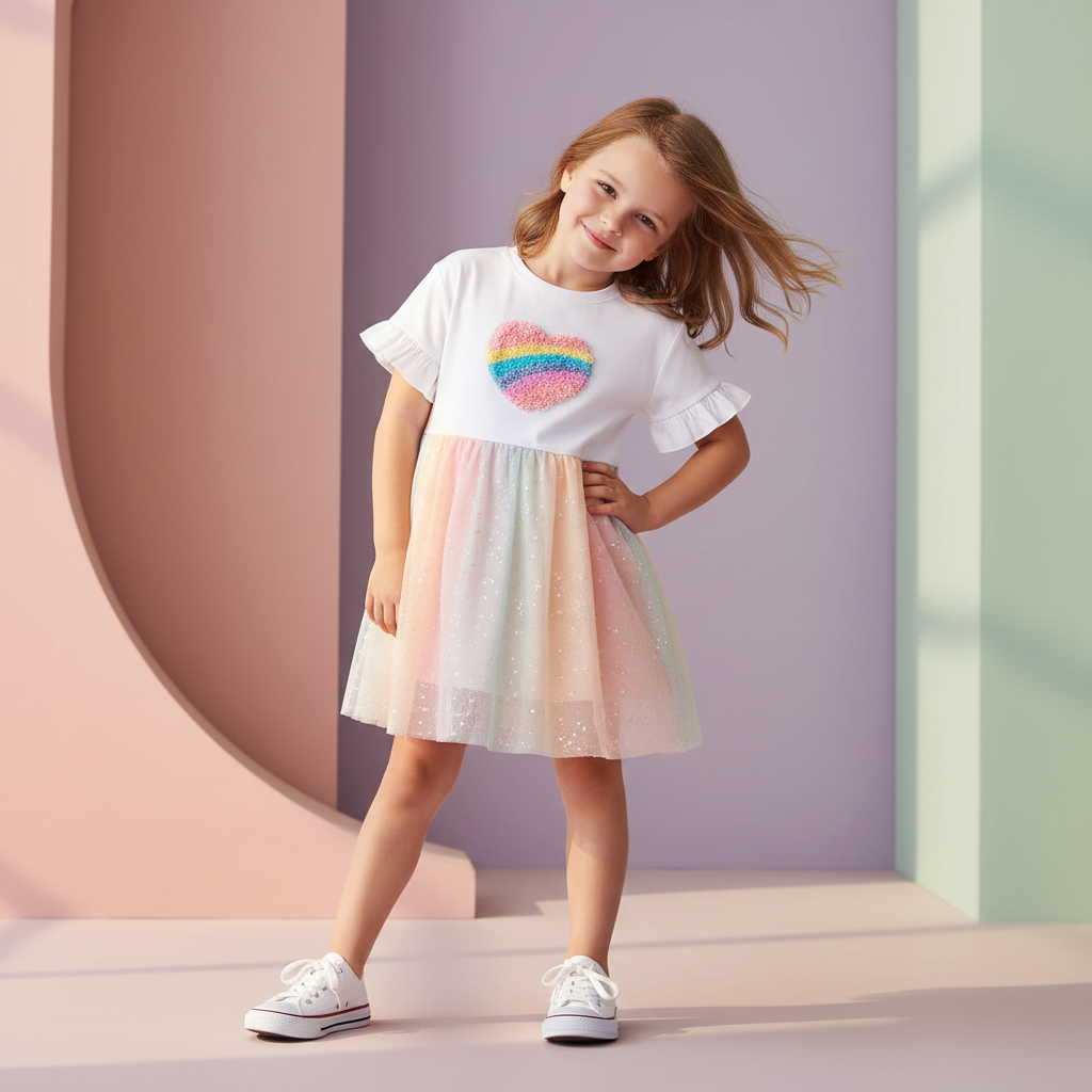 100% Cotton Striped Rainbow Applique Tulle Skirt Dress